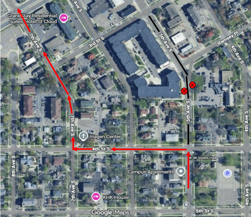 Starting immediately, Route 887 NorthStar will be on detour due to road closed. From 5th Ave S make a Left on 4th Ave S. turning Right on 7th Ave S then continue on to theTransit Center. This detour will remain until 5th Ave S is open.