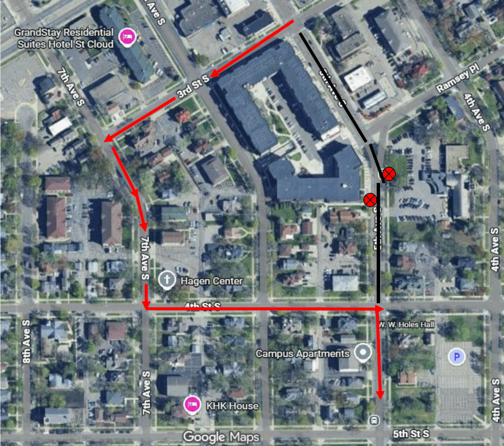 Starting immediately, Route 887 NorthStar will be on detour due to road closed. From 5th Ave S make a Right on 3rd St S. turning Left on 7th Ave S. turning right at 4th St S then left at 5th Ave S. Resume route. This detour will remain until 5th Ave S is open.